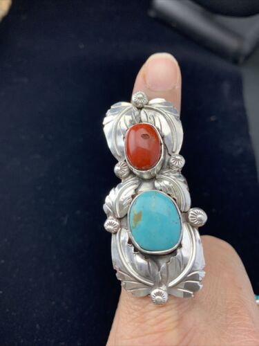 Navajo Royston Turquoise, Coral, and Multi-Stone Men's Ring | Authentic Native American Sterling Silver | Sz 8 | 1808