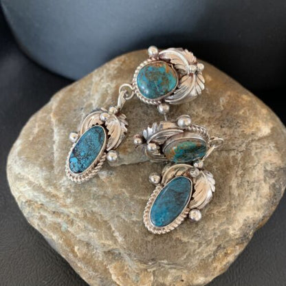 Handmade Navajo Spiderweb Turquoise Dangle Earrings | Sterling Silver | Authentic Native American | 1481