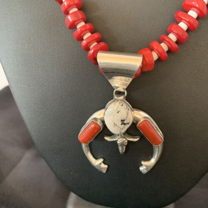 Navajo White Buffalo Turquoise Coral Naja Pendant | Sterling Silver | Authentic Native American Handmade | 10253