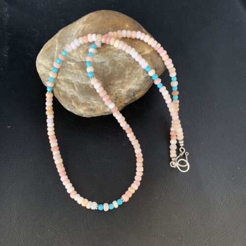 Navajo Blue Turquoise Pink Opal Bead Necklace | Sterling Silver | Authentic Native American Handmade | 22" | 13592