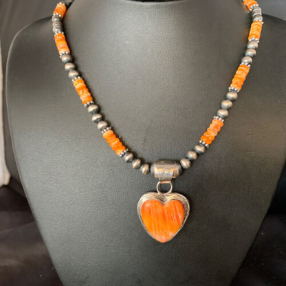 Navajo Orange Heart Spiny Oyster Pendant | Sterling Silver Necklace | Authentic Native American Handmade | 13946