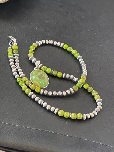 Navajo Pearl Necklace with Green Mojave Turquoise Pendant | Sterling Silver | Authentic Native American Handmade | 10310