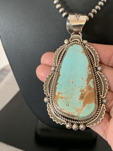 Men's Navajo Pearls Necklace with Blue Royston Turquoise Pendant | Sterling Silver | Native American | 335