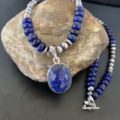 Navajo Sterling Silver Bead Necklace | Lapis Lazuli Faceted Pendant | Authentic Native American Handmade | 11367