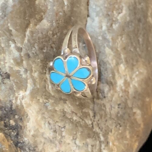 Zuni Blue Turquoise Old Pawn Cluster Ring | Sterling Silver Inlay | Sz 7.5 | 12946