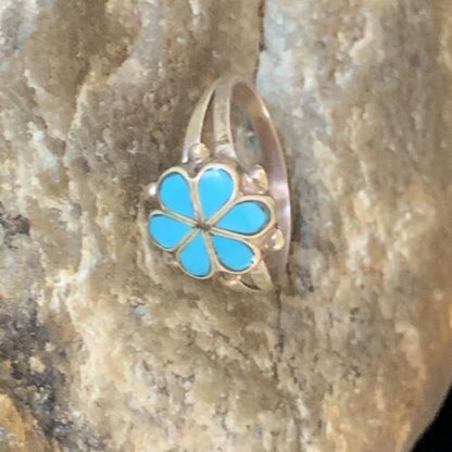 Zuni Blue Turquoise Old Pawn Cluster Ring | Sterling Silver Inlay | Sz 7.5 | 12946