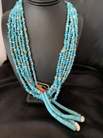 Native Santo Domingo Spiny Blue Turquoise Shell Jacla 6S 36In Necklace 13191