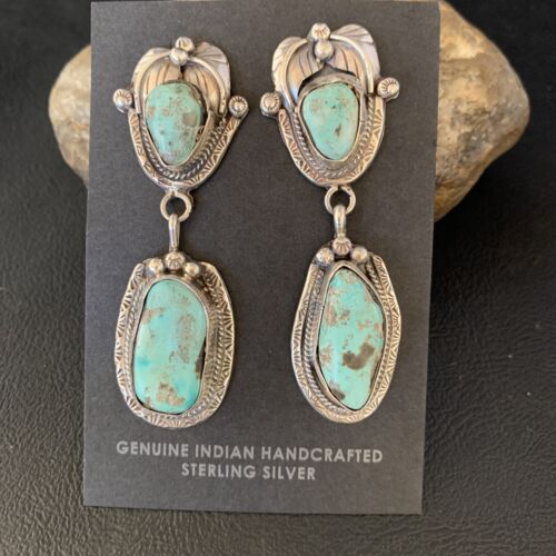 Navajo Blue Dry Creek Turquoise Post Dangle Earrings | Sterling Silver | Authentic Native American Handmade | 13873