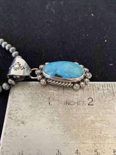 Men's Navajo Pearls Necklace with Blue Kingman Turquoise Pendant | Sterling Silver | Authentic Native American Handmade | 839