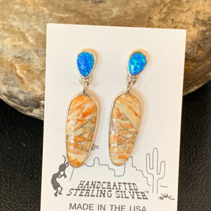 Navajo Snake Swirl Earrings | Orange Spiny Oyster Opal Inlay | Sterling Silver | Native American Handmade | 12022