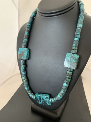 Native American Rustic Turquoise Nugget Heishi Bead Necklace | Sterling Silver | 22" | 01397