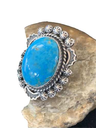 Navajo Blue Kingman Turquoise Ring | Sterling Silver | Sz 9.5 | Authentic Native American Handmade | 01644