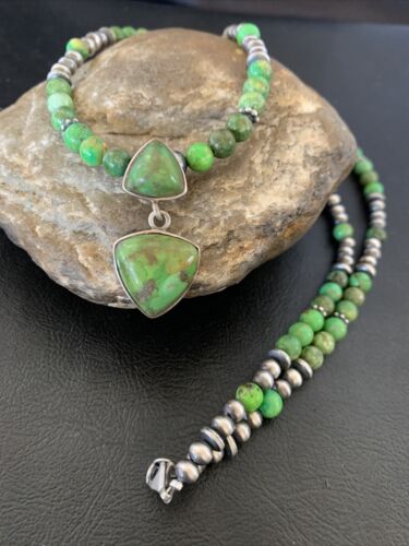 Navajo Green Gaspeite Turquoise Pendant | Sterling Silver | Authentic Native American Handmade | 12343