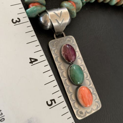 Navajo Royston Turquoise & Red Spiny Oyster Necklace Pendant | Authentic Native American Sterling Silver | Multi-Stone | 11761