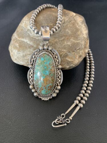 Navajo Blue #8 Turquoise Pendant Necklace | Sterling Silver | Authentic Native American Handmade | 10230