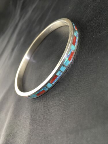 Native American Zuni Opal Spiny Turquoise Inlay Bracelet | Sterling Silver Bangle | 10199