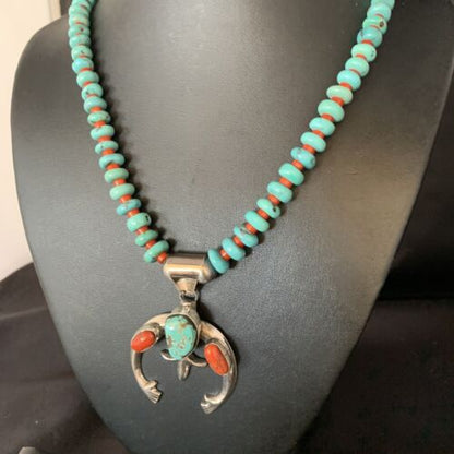Navajo Sterling Silver Necklace | Blue Turquoise & Coral Naja Pendant | Authentic Native American Handmade | 13747