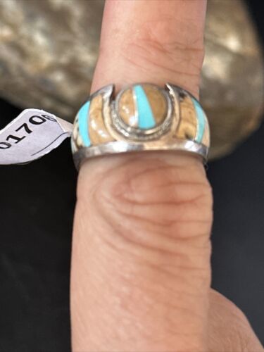 Navajo Picture Jasper Turquoise Inlay Ring | Sterling Silver | Sz 6 | Authentic Native American Handmade | 01706