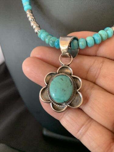 Navajo Blue Turquoise Pendant Necklace | Sterling Silver Pearls | Authentic Native American Handmade | 13220