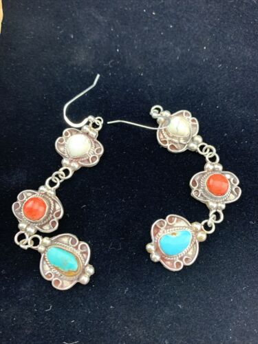 Navajo Spiny, Turquoise & Howlite Dangle Earrings | Sterling Silver | Authentic Native American Handmade | 1614