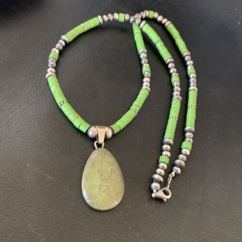 Navajo Green Gaspeite Turquoise Pendant | Sterling Silver | Authentic Native American Handmade | 12286