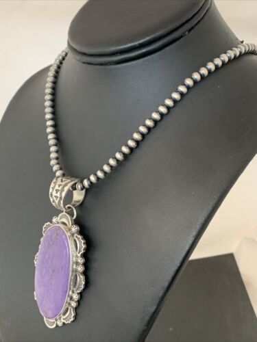 Southwestern Navajo Pearls Necklace | Sterling Silver Charoite Pendant | Authentic Native American Handmade | 01279