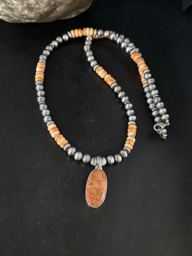 Navajo Orange Spiny Oyster Pendant Necklace | Sterling Silver Naja | Authentic Native American Handmade | 14301