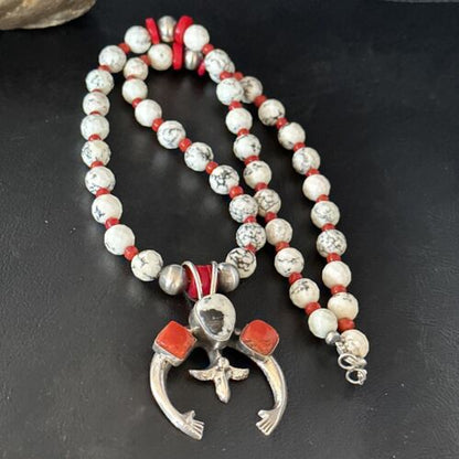 Navajo White Buffalo Turquoise Coral Naja Pendant Necklace | Sterling Silver | 24" | 14687