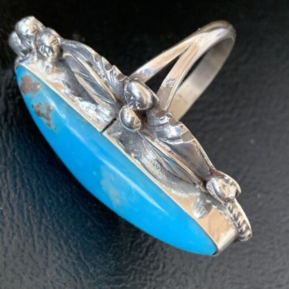 Navajo Blue Kingman Turquoise Ring | Sterling Silver Feather | Sz 9.5 | 10854