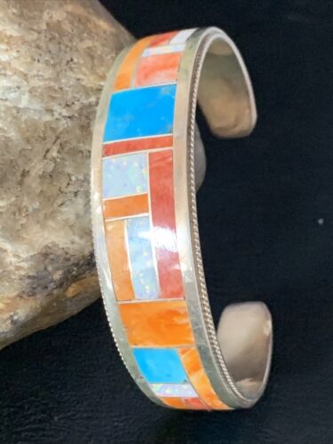 Zuni Orange Spiny Oyster Opal Inlay Cuff Bracelet | Sterling Silver | Authentic Native American Handmade | 14159