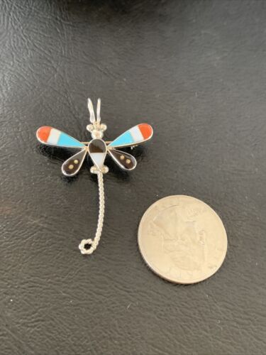 Zuni Turquoise Mother of Pearl Inlay Dragonfly Necklace Pin Pendant | Sterling Silver | 12322