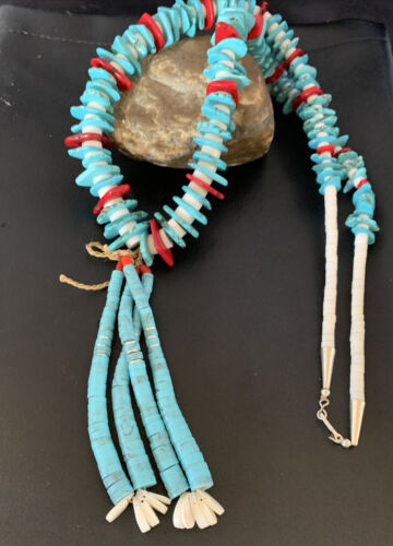 Native American Santo Domingo Blue Turquoise Red Coral Nugget Bead Jacla Necklace | 34" | 13197