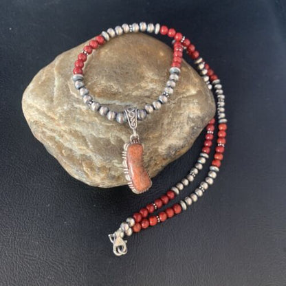 Red Apple Coral & Navajo Pearls Sterling Silver Bead Necklace with Pendant | Authentic Native American | 13437