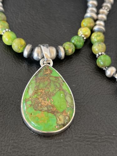 Navajo Pearl Necklace with Green Mojave Turquoise Pendant | Sterling Silver | Authentic Native American Handmade | 10580