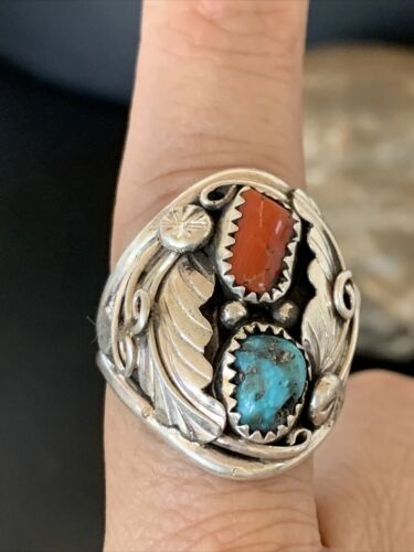 Navajo Blue Kingman Turquoise & Coral Feather Ring | Authentic Native American Sterling Silver | Multi-Stone | Sz 10 | 12218