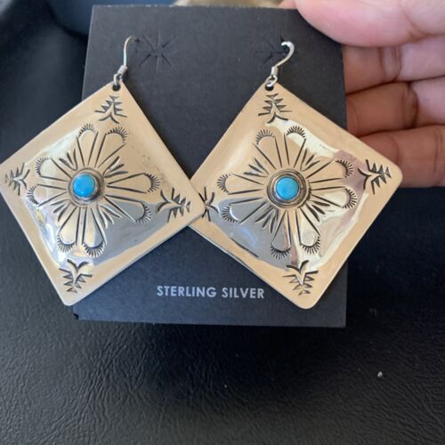 Navajo Blue Turquoise Earrings | Stamped Sterling Silver | Authentic Native American Handmade | 13322