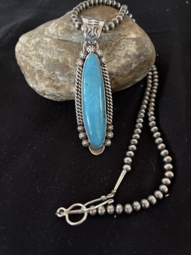 Navajo Men's Kingman Turquoise Pendant Necklace | Sterling Silver | Native American Handmade | 1069