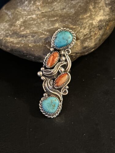 Navajo Turquoise Spiny Oyster Multi-Stone Ring | Authentic Native American Sterling Silver | Sz 8 | 14496