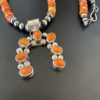Navajo Pearls Sterling Silver Necklace | Orange Spiny Oyster Naja Pendant | 11346