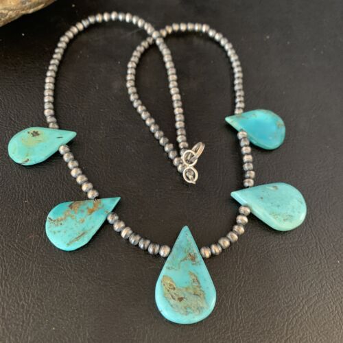 Navajo Teardrop Blue Turquoise Necklace | Sterling Silver Pearls | 20" | Authentic Native American Handmade | 13967