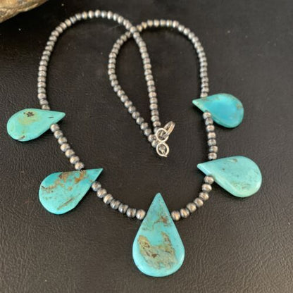 Navajo Teardrop Blue Turquoise Necklace | Sterling Silver Pearls | 20" | Authentic Native American Handmade | 13967