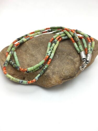 Navajo Green Serpentine & Spiny Oyster Necklace | 3 Strand | Sterling Silver | Authentic Native American Handmade | 4095
