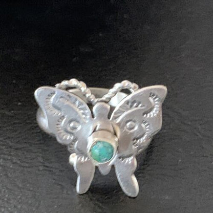Navajo Blue Turquoise Butterfly Ring | Sterling Silver | Sz Adj 8 | Authentic Native American Handmade | 10340