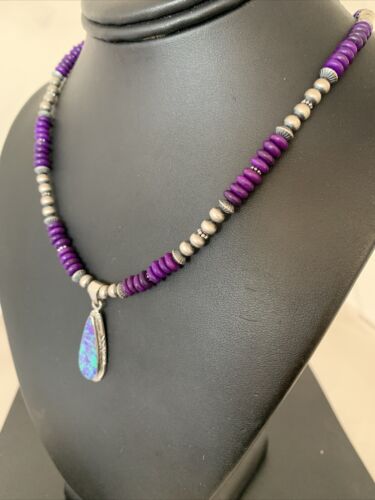 Navajo Purple Sugilite Necklace with Faux Opal Pendant | Sterling Silver | Authentic Native American Handmade | 01918