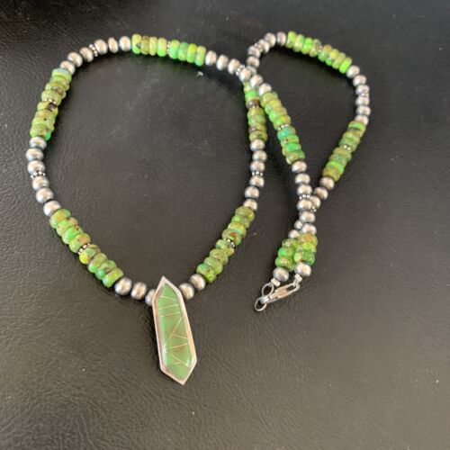 Navajo Green Gaspeite Turquoise Inlay Pendant | Sterling Silver | Authentic Native American Handmade | 13269
