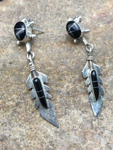 Navajo Black Onyx Earrings | Sterling Silver | Authentic Native American Handmade | 1" | 4438