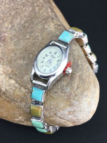 Authentic Native American Navajo Vintage Watch Tips | Blue Green Turquoise | Sterling Silver | 7" | 4916