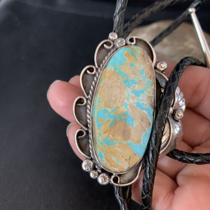 Navajo Green Royston Turquoise Bolo Tie | Sterling Silver | Authentic Native American Handmade | 14106