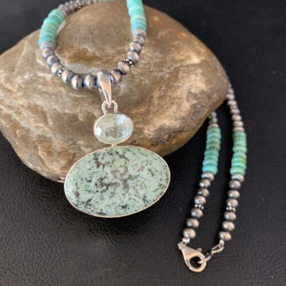 Navajo Pearls Sterling Silver Necklace | Blue Spiderweb Turquoise Pendant | Multi-Stone | 13921