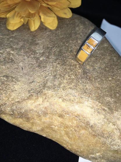 Navajo Yellow Turquoise Inlay Ring | Sterling Silver | Sz 11.5 | Authentic Native American Handmade | 1732